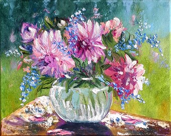 Dahlia Bouquet Painting • Floral Impasto Oil Art • Textured Flower Canvas • Sunlit Vase Still Life • 9.6x12" (24x30 cm) • Original by LaMot
