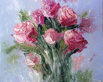 Roses Oil Painting | Floral Impasto Art | Pink Rose Bouquet Canvas | Flower Wall Art | 12x12” (30x30 cm) by LaMot