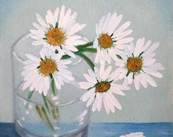 Daisies Painting • Floral Impasto Art • Oil Still Life • Flowers in Glass • 8x8" (20x20 cm) • Original Artwork by LaMot