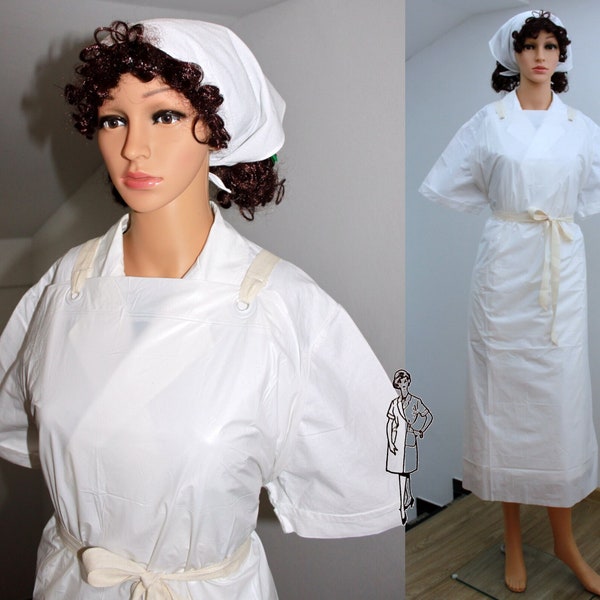 Package: XL housekeeper uniform, short-sleeved white XL wrap-around gown, ladies' gown, apron dress + wet-weather apron with headscarf