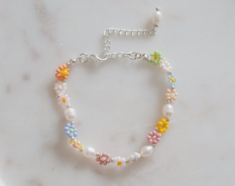 Bracciale con margherite, perle Kasumi, perline Miyuki, bracciale floreale