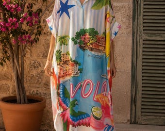 Women's Summer Printed Shirt Dress Ibiza style Holiday Resort Wear, Made in Italy