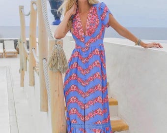 Women’s Summer Boho Hippie Ibiza Maxidress with floral print Resort Wear Long dress Rayon