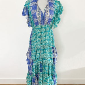 Damen Boho Sommer Hippie Ibiza Seide Maxikleid Turquoise