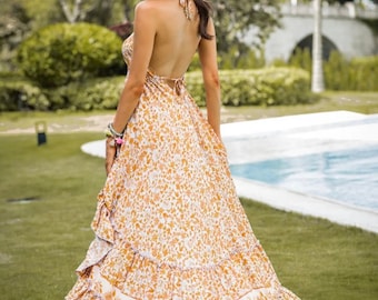 Damen Sommer Boho Hippie Ibiza Rückenfreies Maxikleid