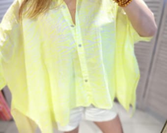 Damen Oversize Frühling Sommer gestreift Bluse Neon