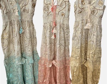 Women’s Boho Summer Hippie Ibiza  Maxi dress with gold print resort wear holiday Wedding