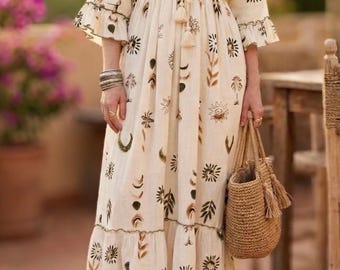Women’s Boho Hippie Ibiza Summer Maxi dress Holiday Vacation Wedding Cotton