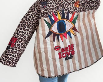 Women’s Quilted Jacket with Leopard Print and Stripes Spring Autumn Winter Jacket Boho Hippie