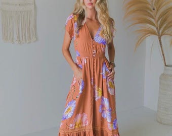 Women’s Summer Boho Hippie Ibiza Maxidress with floral print Resort Wear Long dress Rayon