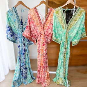 Damen Sommer Boho Hippie Ibiza Seide Maxikleid