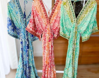 Damen Sommer Boho Hippie Ibiza Seide Maxikleid