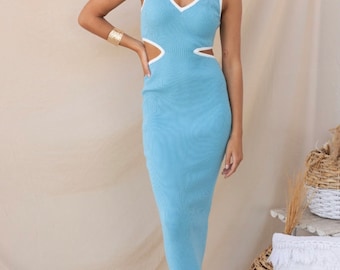 Geripptes Bodycon Kleid Damen Ärmellos, Midi mit Cut-Outs, Figurbetontes Strickkleid, Partykleid, Sommer Outfit