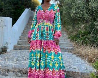 Viscose Floral Print Maxi Dress Boho Hippie Summer Resort Wear