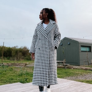 Damen Herbst Winter Oversize Wollmantel mit Hahnentrittmuster