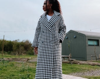 Damen Herbst Winter Oversize Wollmantel mit Hahnentrittmuster