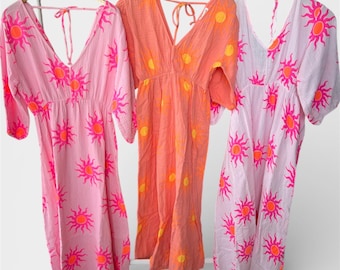 Damen Frühling Sommer Bunt Musselin Neon Maxikleid Sonne Pink