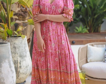 Damen Sommer Boho Hippie Ibiza Maxikleid mit Knöpfen  Vorne