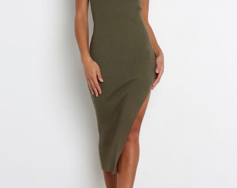Olivgrünes Strick Midi Kleid Damen Asymmetrisch, Ärmellos, Figurbetontes Bodycon Kleid, Elegantes Sommer Outfit