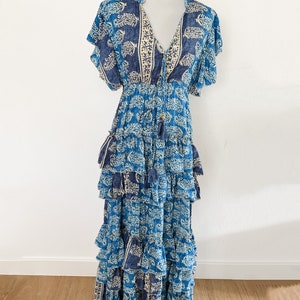 Damen Boho Sommer Hippie Ibiza Seide Maxikleid Blau