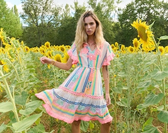 Women’s boho hippie ibiza summer dress with colorful stripes resort wear