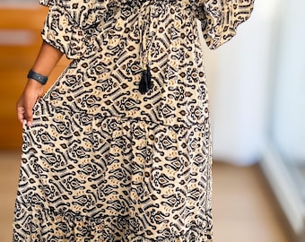 Boho Viscose Maxi Dress, V-Neck, Bohemian Hippie, All Summer Vacation