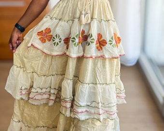 Embroidered Cotton Maxi Dress, Tiered Ruffle Boho Hippe Resort Wear