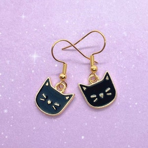 Black Cat Drop Earrings Cute Kawaii Gold Tone Hypoallergenic Clip-on or Hook Options Available