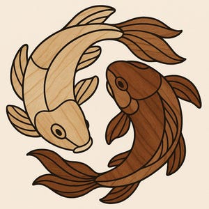 May include: A wooden art piece featuring two koi fish in a circular arrangement. One fish is light beige, the other is dark brown, both with black outlines. The fish are facing each other, creating a sense of balance and harmony. The background is a light beige color.