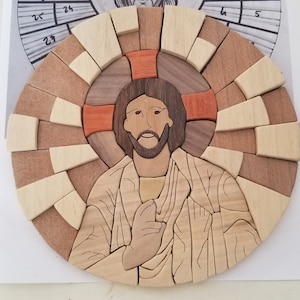Gesù intarsiato in legno naturale, opera d&#39;arte murale fatta a mano