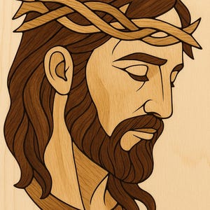 Peut inclure: Portrait en bois d'un homme avec une barbe, de longs cheveux et une couronne d'épines. L'œuvre d'art est une vue de profil, présentant des motifs de grain de bois détaillés dans des tons bruns et beiges, créant un effet de superposition. Le fond est beige clair.