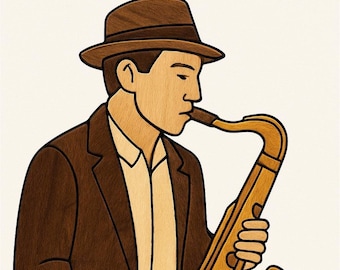 Saxophone Intarsia Pattern | Jazz Musician Wood Inlay Template | DIY Scroll Saw Project | Printable Woodworking PDF