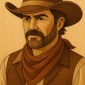 May include: A detailed illustration of a man in a cowboy hat, vest, and neckerchief. The artwork features a warm color palette of browns and tans, with intricate shading and linework. The man has a mustache and beard.