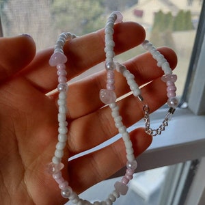 pink lovers rose quartz beaded choker | seed beaded jewelry | rose quartz gemstone beads | summer crystal necklace | pink lovers jewelry