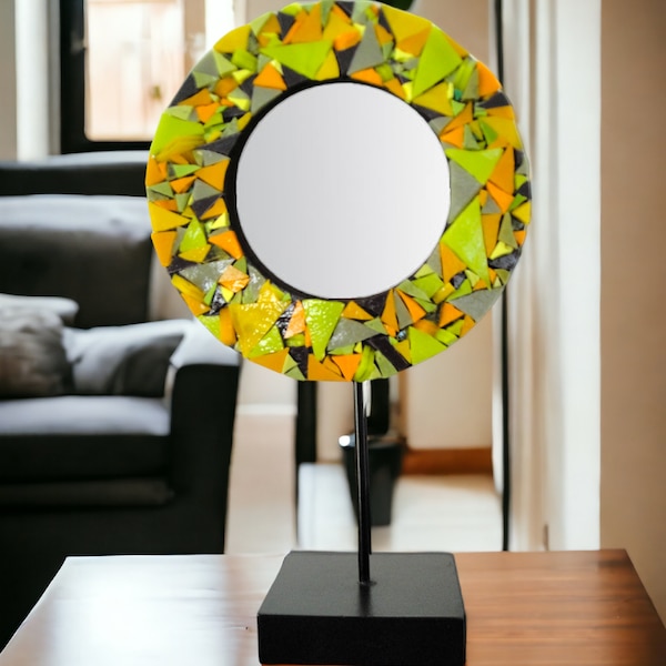 MIROIR diamètre 19 cm MOSAÏQUE RONDE abstraite sur socle