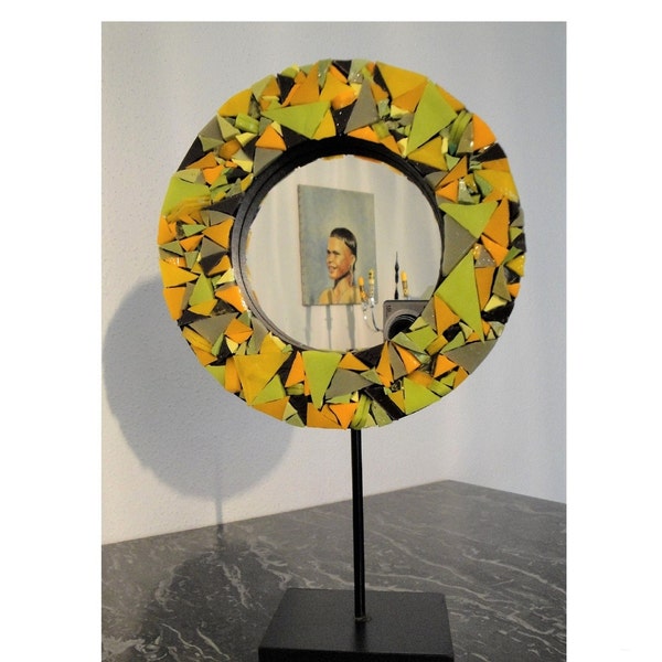 MIROIR diamètre 19 cm MOSAÏQUE RONDE abstraite sur socle