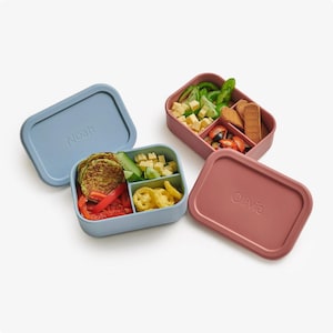 May include: Two blue and pink silicone lunch boxes with lids. The blue lunch box has the name "Noah" on the lid and is filled with food. The pink lunch box has the name "Olivia" on the lid.