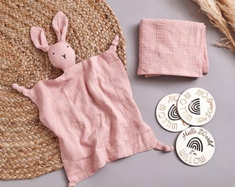 Organic Bunny Comforter Muslin and Plain Muslin/Baby Muslin/New Baby Gift/Pink Grey Blue Muslin/1st Birthday Baby Gift/Cheap Baby Gift