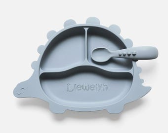 Dinosaur Gift Set (Personalised Dinosaur Suction Plate and Spoon)/Toddler Tableware/Cheap Personalised Toddler Gift/Silicone