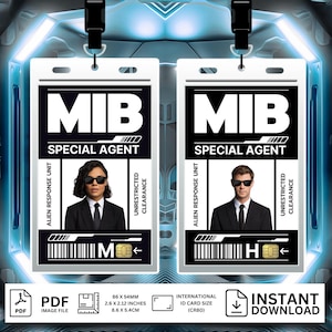 May include: Two MIB Special Agent identification cards featuring the text MIB SPECIAL AGENT, ALIEN RESPONSE UNIT, and UNRESTRICTED CLEARANCE. Each card displays a portrait of an agent in a black suit and sunglasses, a barcode, and a chip.