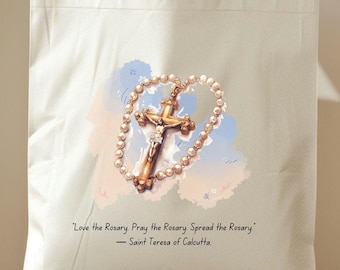 Catholic Rosary Tote Bag , Faith Inspired Christian Gift , Virgin Mary Prayer Bag , Religious Canvas Bag for Women, Spiritual Church Tote