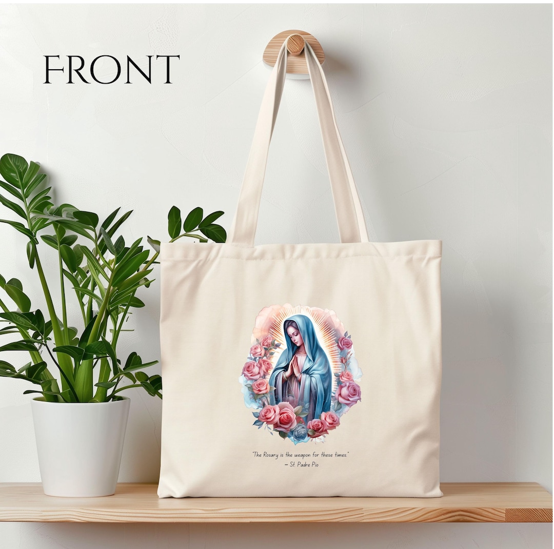 Virgin Mary Tote Bag – Catholic Canvas Bag With St. Padre Pio Quote ...