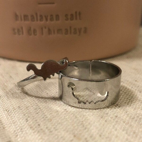 Dinosaur 2 piece silver ring set, Matching couple dinosaur rings, Dainty simple statement ring, friendship ring, summer love jewelry gift