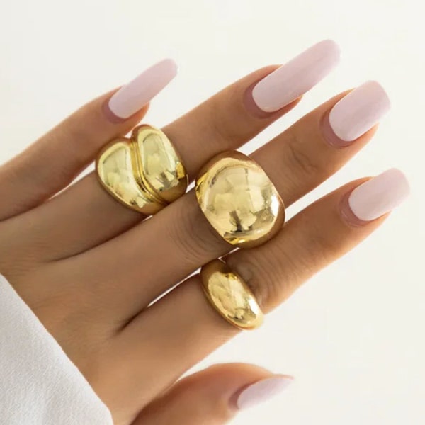 3Pcs Chunky Ring Set, Trendy Gold Silver Thick Rings, Simple Smooth Gold Plated Metal Chunky Rings for Women Knuckle Ring Vintage Jewelry