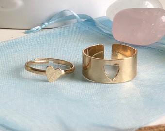 Simple gold 2pc heart ring, Matching heart ring set, Dainty open heart ring, Couple promise rings, lover adjustable rings boyfriend