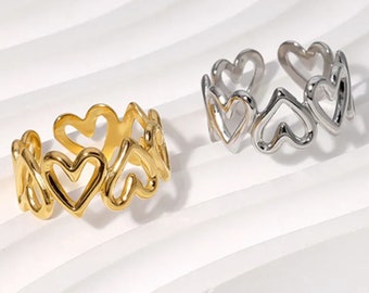 Heart statement ring, matching heart rings, gold heart linked ring, stackable ring, adjustable heart shaped ring, best friend heart rings