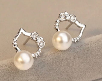 HelloKitty Stud Earrings Kawaii Pearl Pearl Silver Stud Earrings Girls Dainty