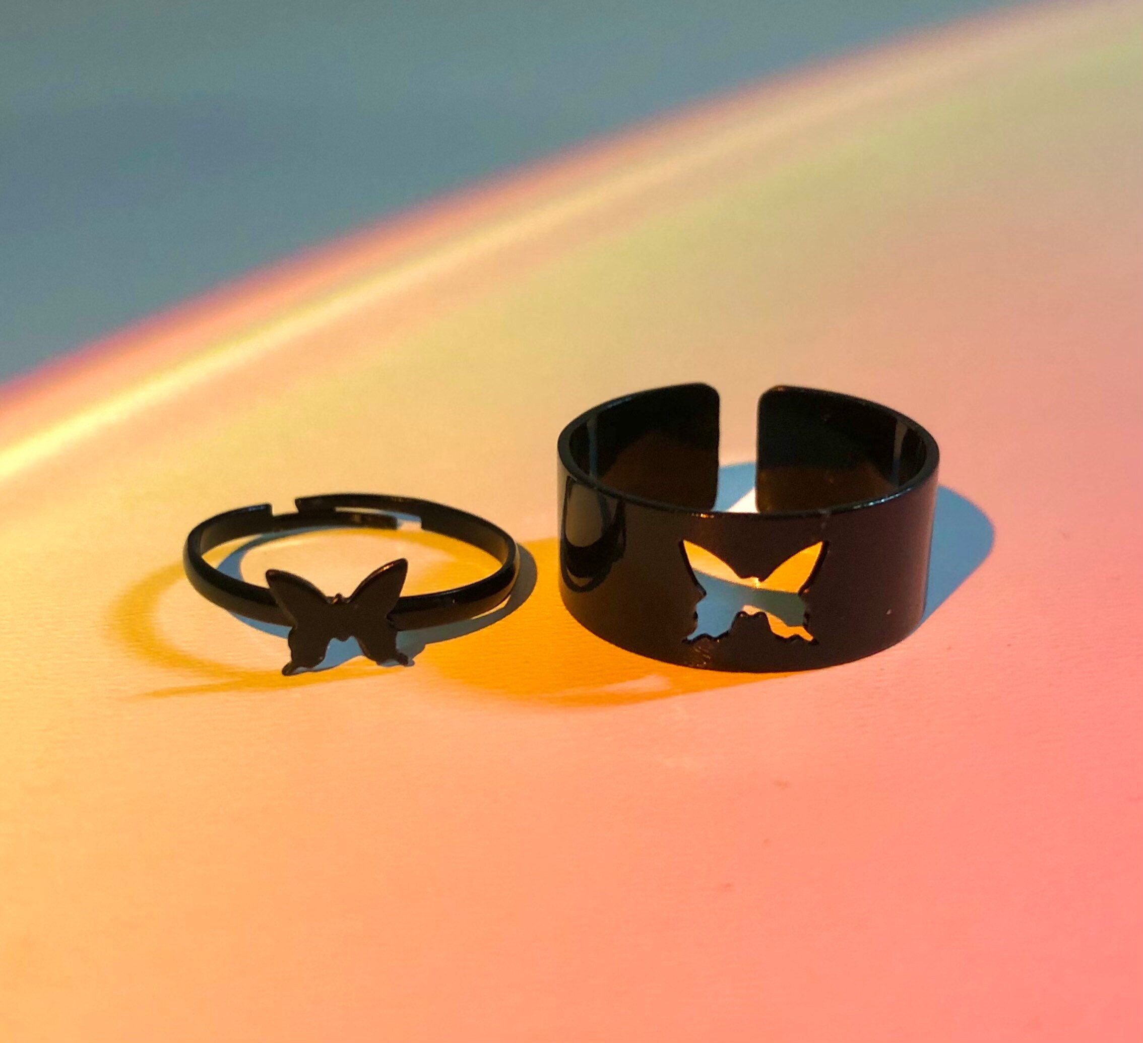 Butterfly Ring Set Matching Rings for Couples Dainty Black