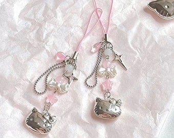 Handmade Hello Kitty Phone Strap, Anime Kawaii Cat Keychain Beads Phone Strand Dangle DIY Gift Charm Phone Accessories