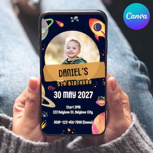 Faire-part d'anniversaire spatial avec photo - Thème fusée et planète / Mobile + carte + poster / Toile modifiable